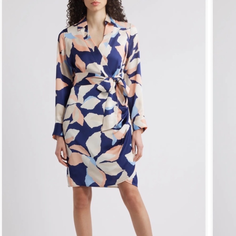 Tahari ASL Shirtdress Women 6P New Tie Waist Abstract Navy Multi MSRP $149